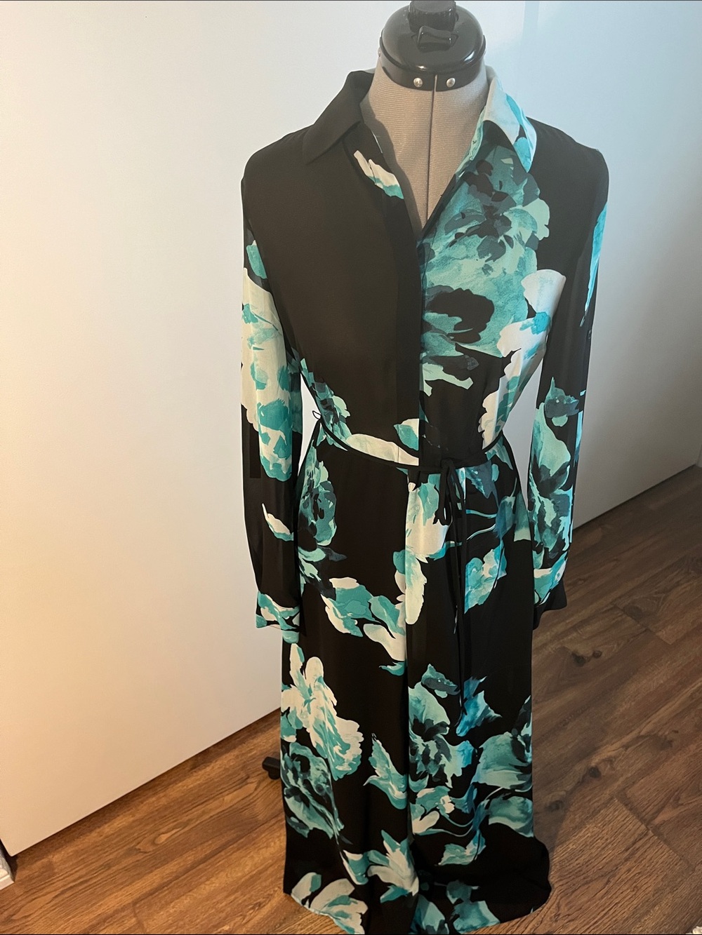 Black Long-Sleeve Floral Shirt Dress with Teal Accents